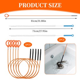 7 Pieces Drain Snake Hair Drain Clog Remover, Anti-Break Metal Snake Drain Hair Removal Tool for Bathroom Sink, Tub, Shower, Pipe Drain (5 Orange 31.88in, 2 Blue 27.95in)