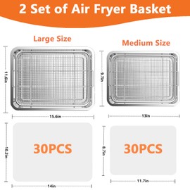 Air Fryer Basket for Oven, 2 Set Oven Air Fryer Basket and Tray with 60 PCS Parchment Papers, Stainless Steel Air Fryer Pan and Crisper Tray for for Baking Cooking and Frying(15.6"X11.6" & 13"X9.7")