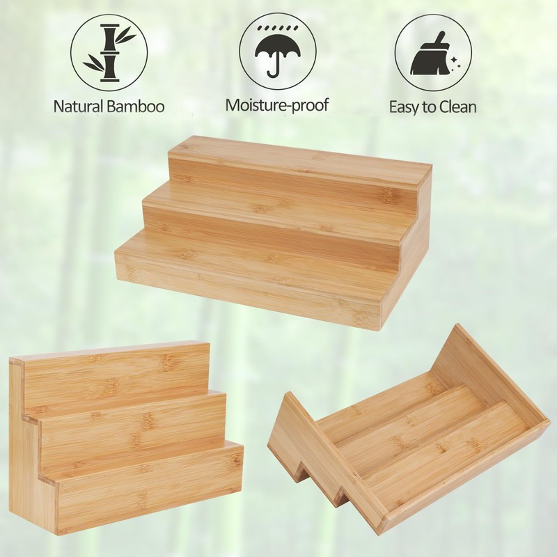 Bambition 2 Pack Spice Rack Riser for Cabinet, Bamboo Spice