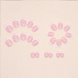 White French Tip Press on Nails Short Square Fake Nails Pink Stick on Nails Full Cover Reusable Glossy Acrylic False Nails Artificial Glue on Nails for Women Manicure 24 Pcs