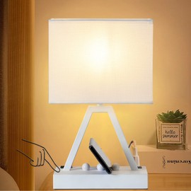 Briever USB C Touch Control Table Lamp, 3-Way Dimmable Desk Lamp with USB C & USB A and AC Outlet, Bedside Lamp with Phone Stands for Bedroom, Living Room, Office, LED Bulb Included, White