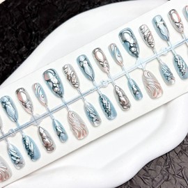 Handmade Press on Nails Medium Almond False Nails with 3D Silver Blue Chrome Design Glossy Glitter Fake Nails Goth Stick on Nails Full Cover Artificial Glue on Nails for Women Girls Manicure 30Pcs