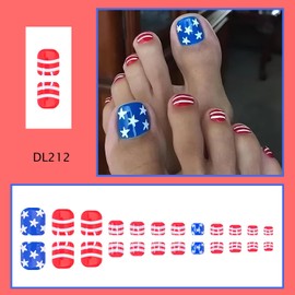 Independence Day Press On Toenails Short Fake Toenail 4th Of July Stick On Toenails Square Press Ons With star Design Glue On Toenail Full Cover Acrylic False Toenail For Women Girls
