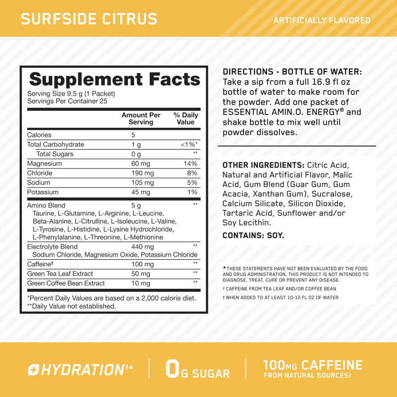 Optimum Nutrition Amino Energy Plus Hydration Packets, On-The-Go Caffiene Stick