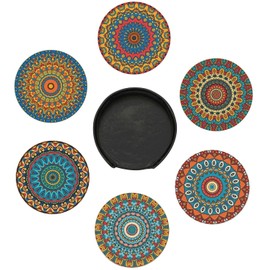 6 Pcs Mandala Drink Coasters with Holder Coasters for Drinks Coffee Table Home Decor Housewarming Gift