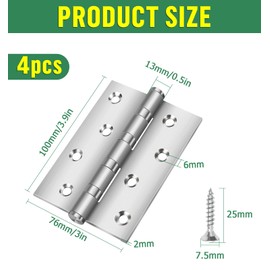 Pack of 4 Hinges Heavy Duty 100 x 76 x 13 mm, Bolatus Hinges Foldable Silver with 8 Holes, Door Ball Bearing Hinges Stainless Steel with Screws, Hinges for Solid Doors, Garden Gate, Indoor, Outdoor