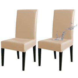 Jusmate Dining Chair Covers, Solid PU Leather Waterproof Oilproof Stretch Dining Chair Slipcover Chair Seat Protector Cover (Beige, 2 Pack)