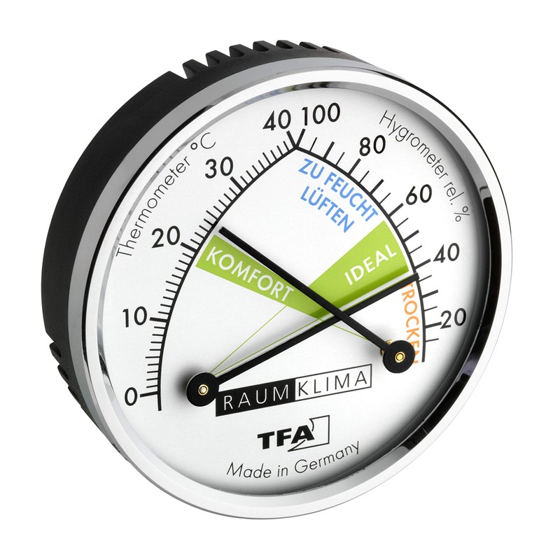 TFA Dostmann Thermo Analogue Thermometer Hygrometer with Metal Ring, Humidity