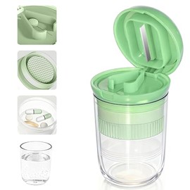 Cortador y Triturador de Pastillas 4 en 1 Portátil con Vaso y Compartimento, Desmontable y Lavable, Ideal para Viajes y Uso Diario, Verde