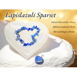 Steinfixx® - Genuine Lapis Lazuli Gemstone Jewellery Set with Engraved Selenite Charging Plate in Heart Shape | For Loved Ones | Chakra Stones | Healing Stones |