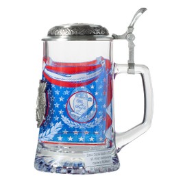 Artisan Owl USA Banner and Bald Eagle Metal Icon Glass Beer Stein with Metal Lid and Thumb Lift