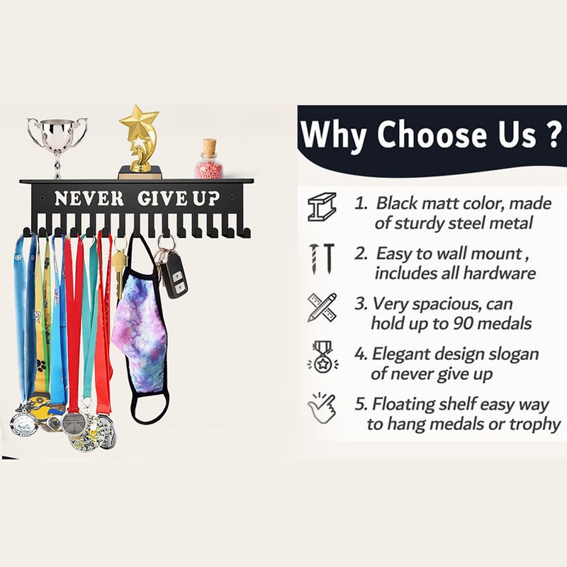 Medal Display Hanger Never Give Up Sturdy Shelf with Hooks