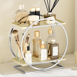 YIWANFW Perfume Organizer for Dresser, 2-Tier Bathroom Counter Organizer, Elegant Makeup Organizer for Vanity, Cream White Cosmetics Skincare Organizers, Multi-Purpose Bathroom Organizers and Storage