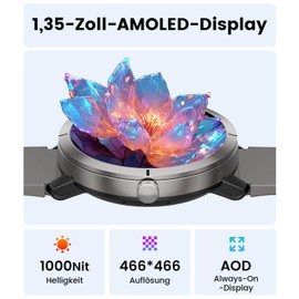 DREMAC Men's Women's Smart Watch, Integrated GPS, 1.35 Inches Amoled Screen/Aluminium Case, 170+ Sports Modes, 5ATM Fitness Tracker with Heart Rate, Sleep Tracker, for iOS Android, Grey