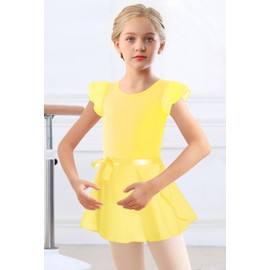 DANSHOW Girls Short Sleeve Leotard with Skirt Kids Dance Ballet Tutu Dresses, Yellow, 2-4T