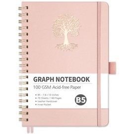 RETTACY Graph Grid Paper Notebook, 140 Pages, B5 Medium Size (7.6'' × 10''), 5 Squares per Inch, Leather Hardcover, 100 GSM Thick Paper, for School, Students, Math, Engineering (Rose Gold)