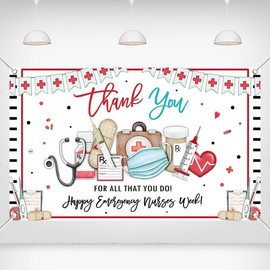 Printspree Banner 70.8x43.3 Inch - Thank You Emergency Nurses Week Banner, Elegant Red Cross Design with Medical Tools, Polyester Appreciation Sign for Hospitals
