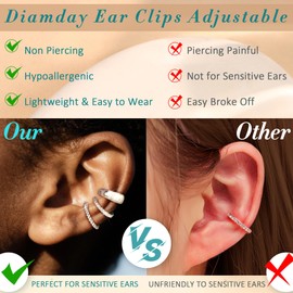 Diamday Pack of 3 Earrings Cuff for Women Fake Helix Piercing Clip Earring Clip Ear Cuff, Copper Cubic Zirconia