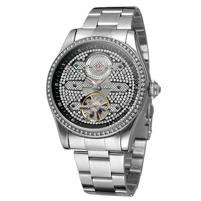 Forsining Men Automatic Mechanical Watch Rhinestone Decoration Dial Wristwatch (Black