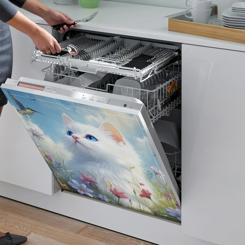 Cute White cat Dishwasher Magnet Cover,Front Dishwasher Cover Decoration Reusable