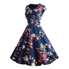 Ellames Women's 1950s Retro Vintage Dresses Elegant 2025 Cocktail Party Dress Cap Sleeve Dress with Pocket Navy Flower Large