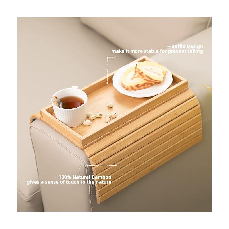 GEHE Sofa Arm Tray Bamboo Sofa Tray Table for Couch,