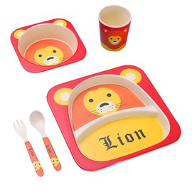 HNyeyes Lion Red Animals 5pcs Baby Bowls Kids Dinnerware Set Bamboo Fiber Cartoon Food Plate Bowl Cup Spoon Fork Set Tableware,Baby Led Weaning Supplies, Feeding Set,Christmas Gift,Bpa Free, One Size