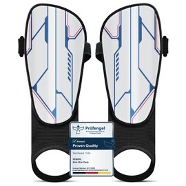 Children's Football Shin Pads - Skin-Friendly & Non-Slip Shin Pads Children for Ages 2 to 15, Shin Pads with Ankle Protection & Adjustable Straps (M, Blue & White)