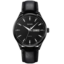 SKMEI Men Watches Black Leather Fashion Business Dress Classic Casual Simple Light Analog Waterproof Day Date Calendar Dad Fathers Gifts Silver Wrist Watch