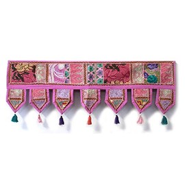 CRAFT KALA Indian Vintage Patchwork Door Cotton Bohemian Ethnic Topper Valances Window Valances Wall Hanging Boho Home Decor Hand Embroidered Toran Hippie Living Room Decor (Baby Pink, 1 Meter)