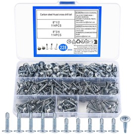 Head Self Tapping Screws, Round Head Flat Head Self Drilling Screws, Metal Drywall Sheet Metal Screws Self Tapping, White, Carbon Steel, 8x3/4", 8x1/2", 228pcs