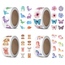 ZXShow Pack of 2000 Round Cartoon Animal Stickers Unicorn Sticker Roll Butterflies Dinosaur Children Sticker Roll for Reward, Decoration, School, Gift, DIY