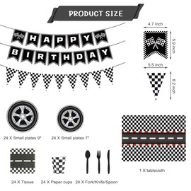 Racing Car Tyre Party Tableware Set Racing Car Party Supplies Race Car Party Plates,Napkins,Tableware，Banne,pennant Black & White Checkered Decoration Supplies.