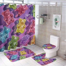 DIPQIMI 4pcs Gummy Bear Illustration Shower Curtain Set with Rugs, Toilet Lid Cover and Bath Mat, Funny Jelly Candy Bathroom Curtains Decor Shower Curtains, 72" X 72"