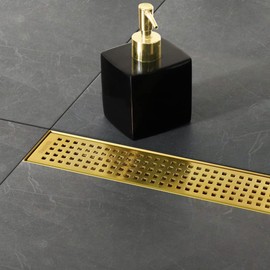 Neodrain 36-Inch Brushed Brass Linear Shower Drain with Removable Quadrato Pattern Grate,304 Stainless Steel Gold Rectangle Shower Floor Drain,Linear Drain with Hair Strainer