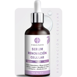 PUREZA NATUR Serum Acido hialuronico facial, Celulas madre, Rosa mosqueta, Colágeno y semillas de cacao. Suero regenerador y renovador de celulas de la piel antiage 50ml