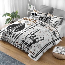 Pamnest Comforter Set Full Size, Rock Roll Guitar Soft 3 Pcs Bedding for Kids and Adults, Retro Star Music Comforter Set with 2 Pillowcases, for Bedroom Bed Decor