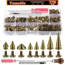 Tanstic 176 Sets Punk Spikes and Studs Kit, 8 Sizes Cone Spikes Screwback Studs Metal Tree Spikes for Leather Punk Style Clothing Accessories (Bronze)