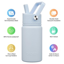 BJPKPK Insulated Water Bottle with Straw Lid, 15oz Cute Water Bottles, Stainless Steel Metal Thermos, Reusable BPA Free Leak Proof Tumblers, Cups,Light Blue