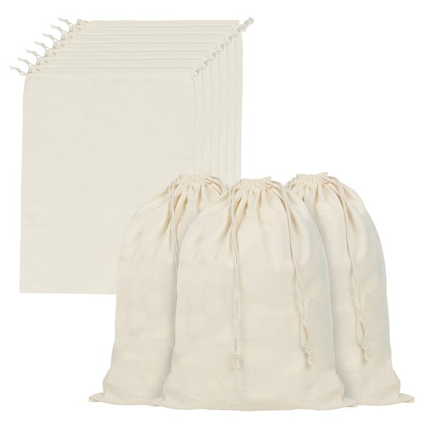 BELLE VOUS Cotton Muslin Produce Storage Bags with Drawstring (10 Pack) - W30 x H40cm / 12 x 16 Inches - Reusable, Biodegradable & Eco-Friendly Vegetable Canvas Bag