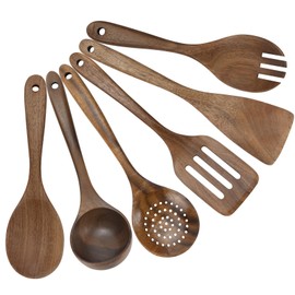 HMIEPRS 6Pcs Wooden Kitchen Utensils Sets, Non-Stick Natural Wooden Spoon for Cooking, Heat Resistant Kitchen Essentials Cooking Utensils Set Including Wood Spatula Paddle Cooking Spoons Salad Fork