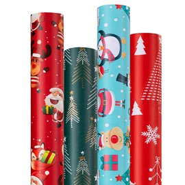 Christmas Wrapping Paper (4 Rolls, 93 sq. ft. ttl): Funny Snowmen, Snowflakes, Reindeer, Bear, Christmas Trees and Santa Claus with Gifts Design for Holiday Gift Wrap- 17 Inches x 16.5 Feet Per Roll