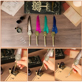 TIANREN Feather Pen and Ink Set,quill pen ink set,Antique Calligraphy Pen with 4 Replaceable Nibs,2 Bottle of ink,Pen Holder Christmas Gift for Men&Women.(Purple)