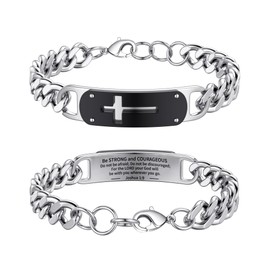 Rajputana Cross Bracelet for Men, Silver Stainless Steel Cuban Cross Chain Link Bracelet Bible Verse Bracelets Jewelry Gifts Adjustable Wrist Cross Chain Bracelet for Men Boys Inches Joshua 1:9