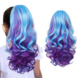 SEIKEA Ponytail Extension, 18" Lightweight Wavy Curly Clip in Hair Extensions Ponytail, Colored Hair Extensions for Kids, Crazy Hair Day Accessories for Girls Synthetic Hairpiece Blue Purple