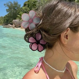 Exacoo 4pcs Flower Claw Clips for Women Hawaiian Plumeria Claw Cips for Thick Hair Beach Cute Hair Clips Hair Accessories for Women Girls (Black,Pink,Blue,Yellow)03