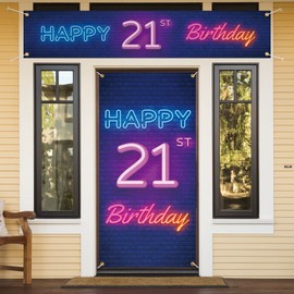 Neon Happy 21st Birthday Door Cover Porch Banner and Large Yard Sign Set Decor Colorful - Glow Neon Theme 21 Years Old Birthday Party Decoraions for Men Women Supplies