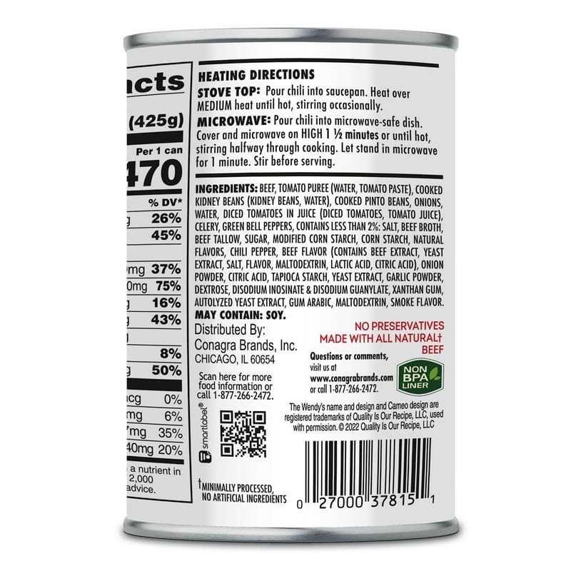 Wendy's Chili with Beans Canned Chili 15 oz Cans (Pack