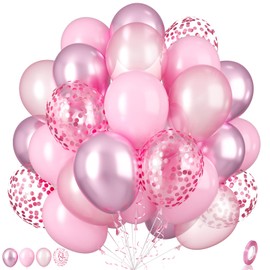 Pink Balloons, 55Pcs Pastel Pink Party Balloons 12 Inch Light Pink Balloons Pearl Pale Pink Latex Balloons Metallic Pink Balloons Pink Confetti Balloons for Girls Birthday Party Baby Shower Wedding