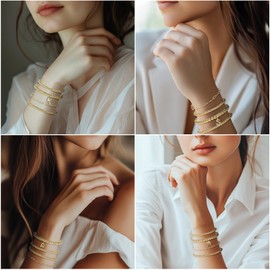 Gold Bracelets Stack Beaded for Women: Dainty 14k Gold Bracelets for Women Non Tarnish Stackable - Initial Bracelet Set for Women Small Wrist Trendy - Bubble Letter Stretch Charm Bracelet Gold Jewelry